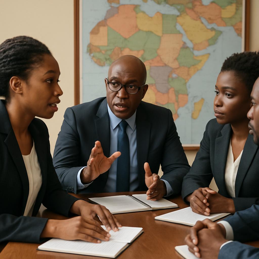 A group of people in business attire sitting around a table at a meeting, with a planisphere behind them.