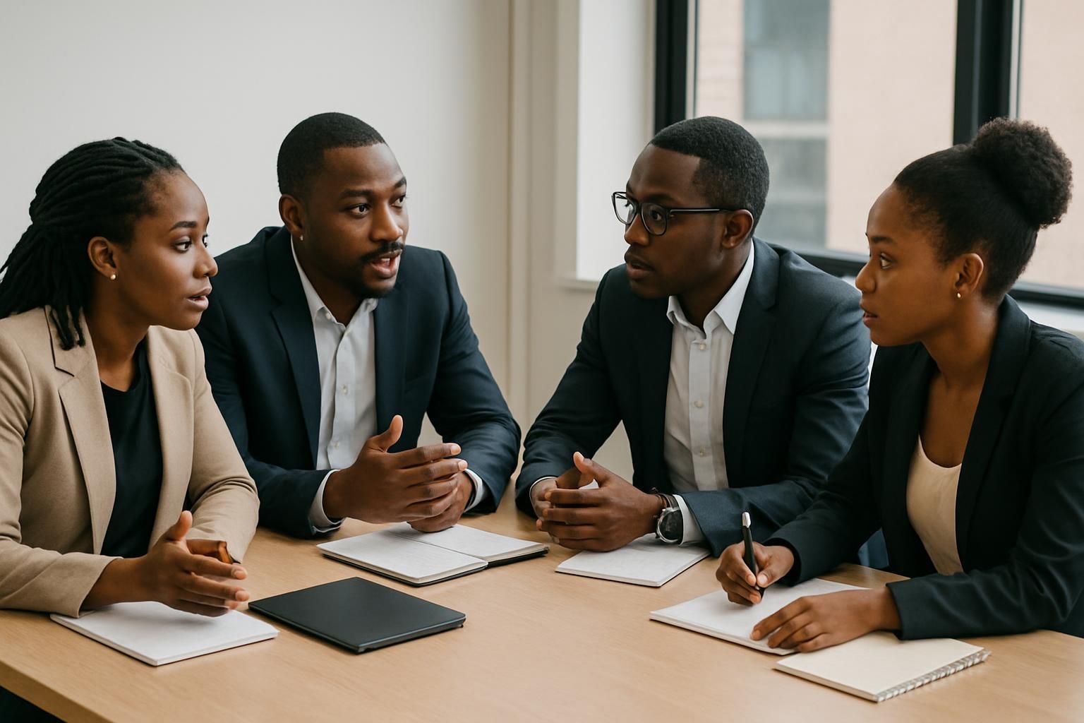 Atelier de réflexion avec de jeunes leaders africains, hommes et femmes en nombre égal, en pleine discussion autour d'une table, ambiance dynamique et collaborative, style photographique réaliste