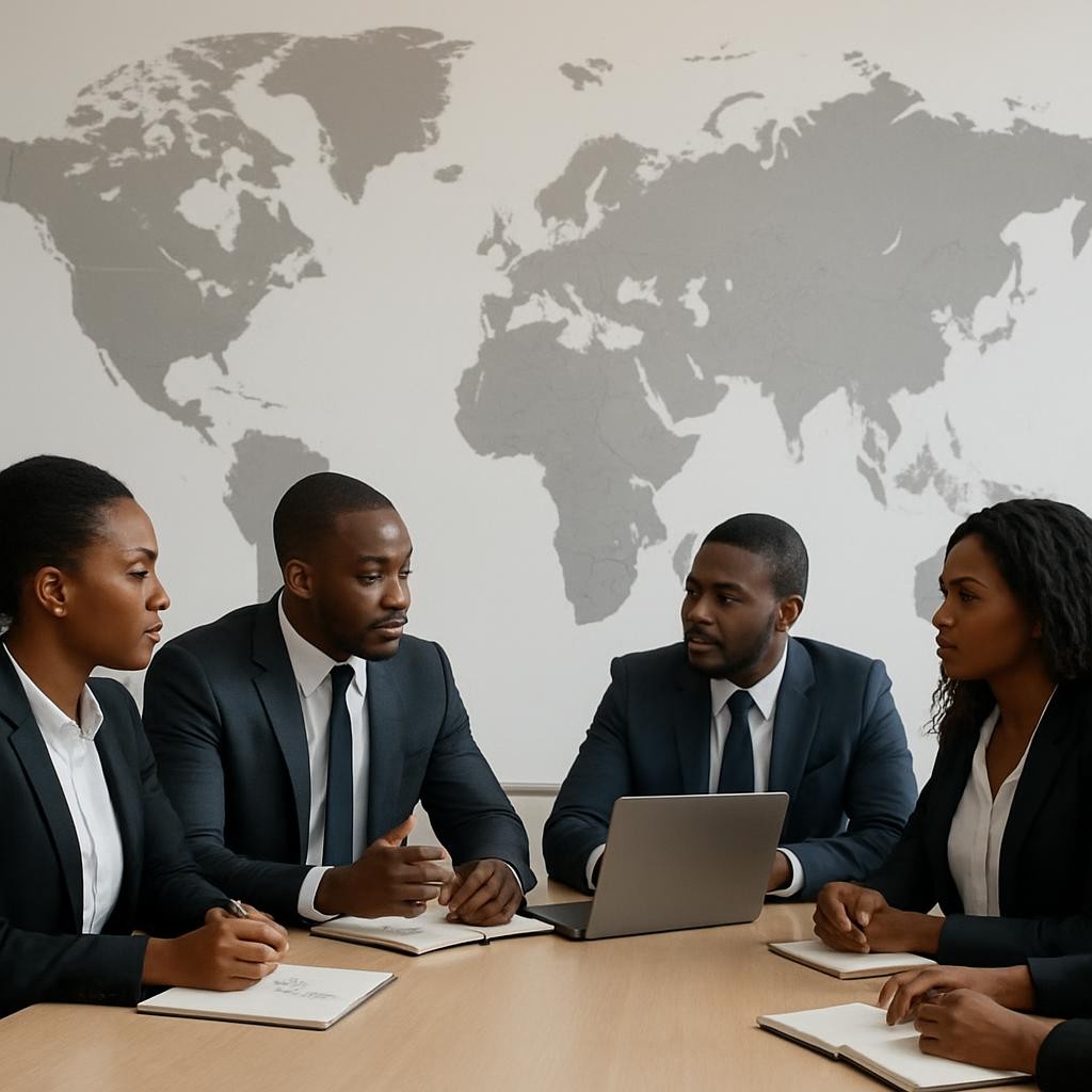 A strategic meeting between Africans (men and women in equal numbers) with a world map in the background.